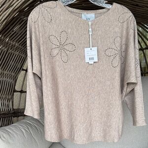 LIV Beige Embellished Flower-Accent Knit Top